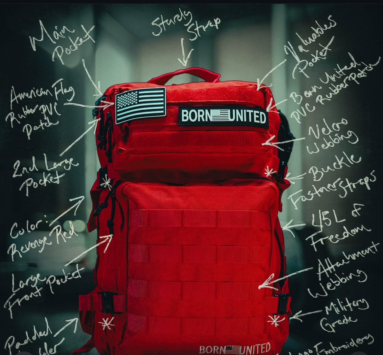 The Revenge Red Tac-Pac - 45L from Born United Private Label combines precision and durability, featuring a main pocket, sturdy strap, American flag patch, second large pocket, buckle fasteners, and molle system pockets. This military-grade backpack embodies resilience and style.