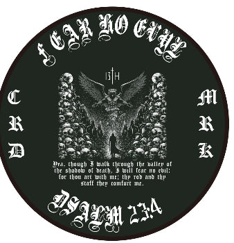 The 13th Fear No Evil Challenge Coin features a circular design with gothic text: FEAR NO EVIL at the top, CRD and MRK on the sides, and PSALM 23:4 at the bottom. A central dark angel stands among skulls in the valley of the shadow of death.