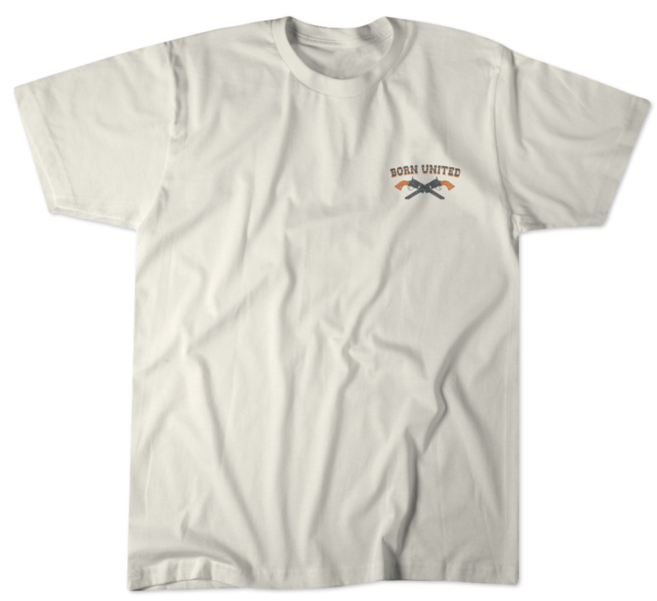 The Outlaw Tee - Tan by Born United Private Label is a cream-colored graphic tee featuring a small logo with two crossed baseball bats and Born United text above, offering a hint of western flair.