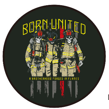 Three firefighters in gear stand arm in arm. Above: Born United. Below: Brotherhood Forged In Flames Challenge Coin by Born United Private Label, with a faded American flag and red stripe in the background.