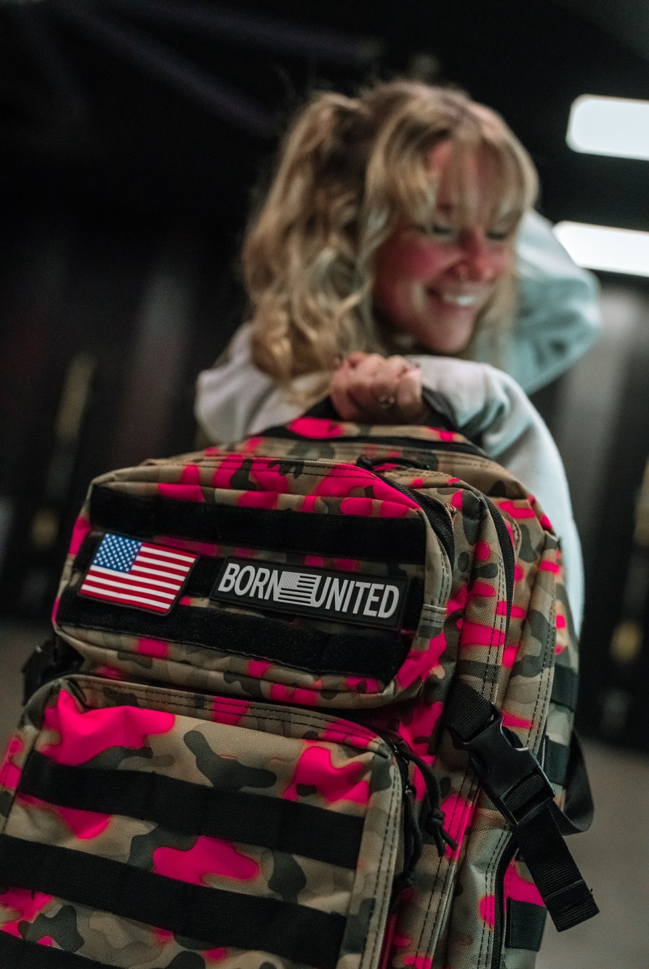 born united - tac-pac tactical backpack camo pink on model