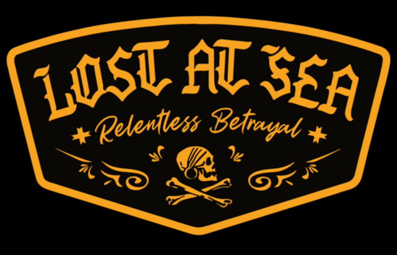 Against a black backdrop, a yellow stylized Lost at Sea logo crowns the top, with Relentless Betrayal underneath. A central pirate skull with crossed bones is flanked by decorative swirls, perfectly symbolizing the resilience of every Lost At Sea PVC Patch by Relentless Betrayal.