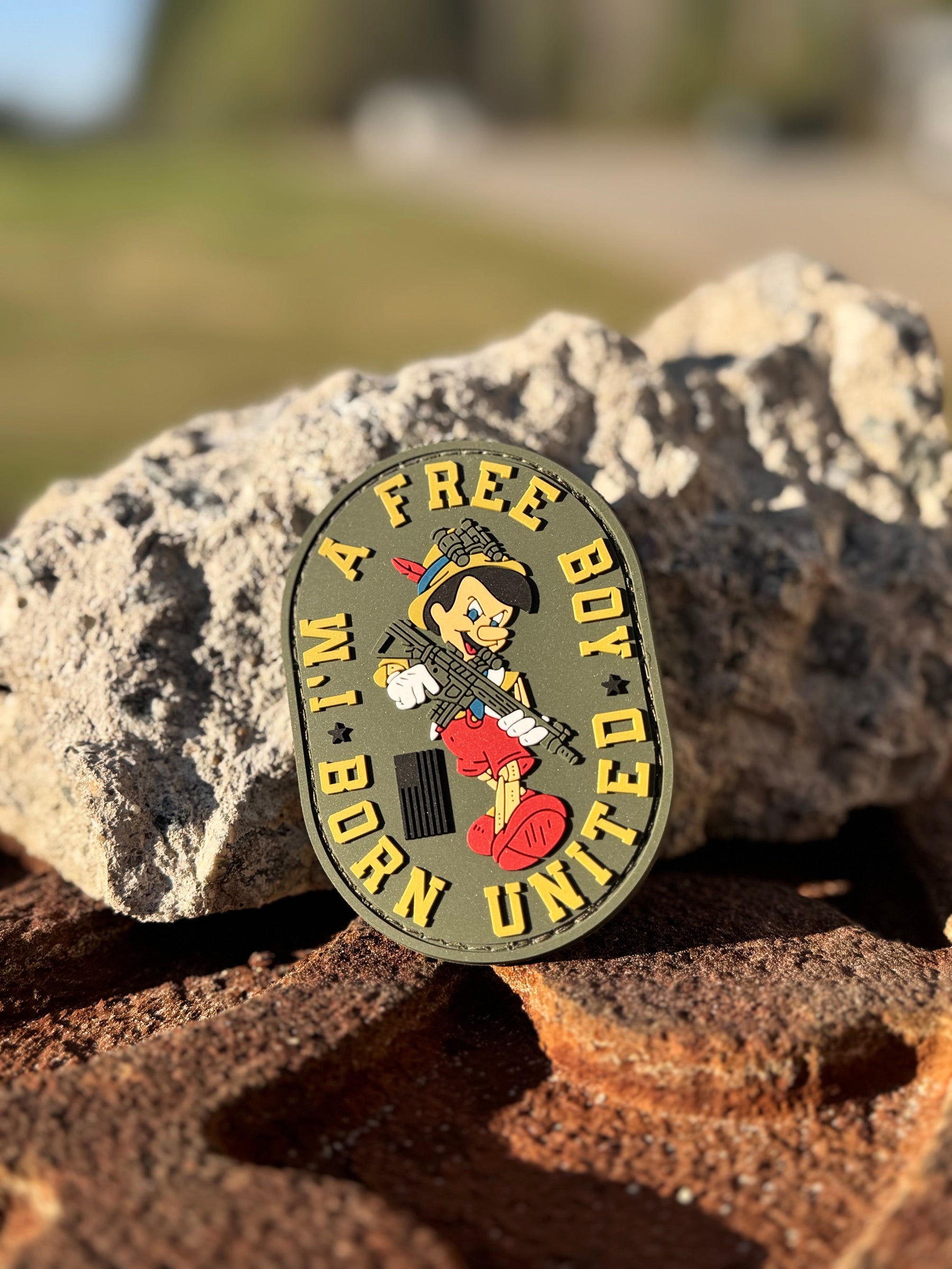 The Free Boy PVC Patch from Born United Private Label features a cartoon character with a rifle, encircled by A Free Boy Born United, set against rocks and sunlight that accentuates its details.