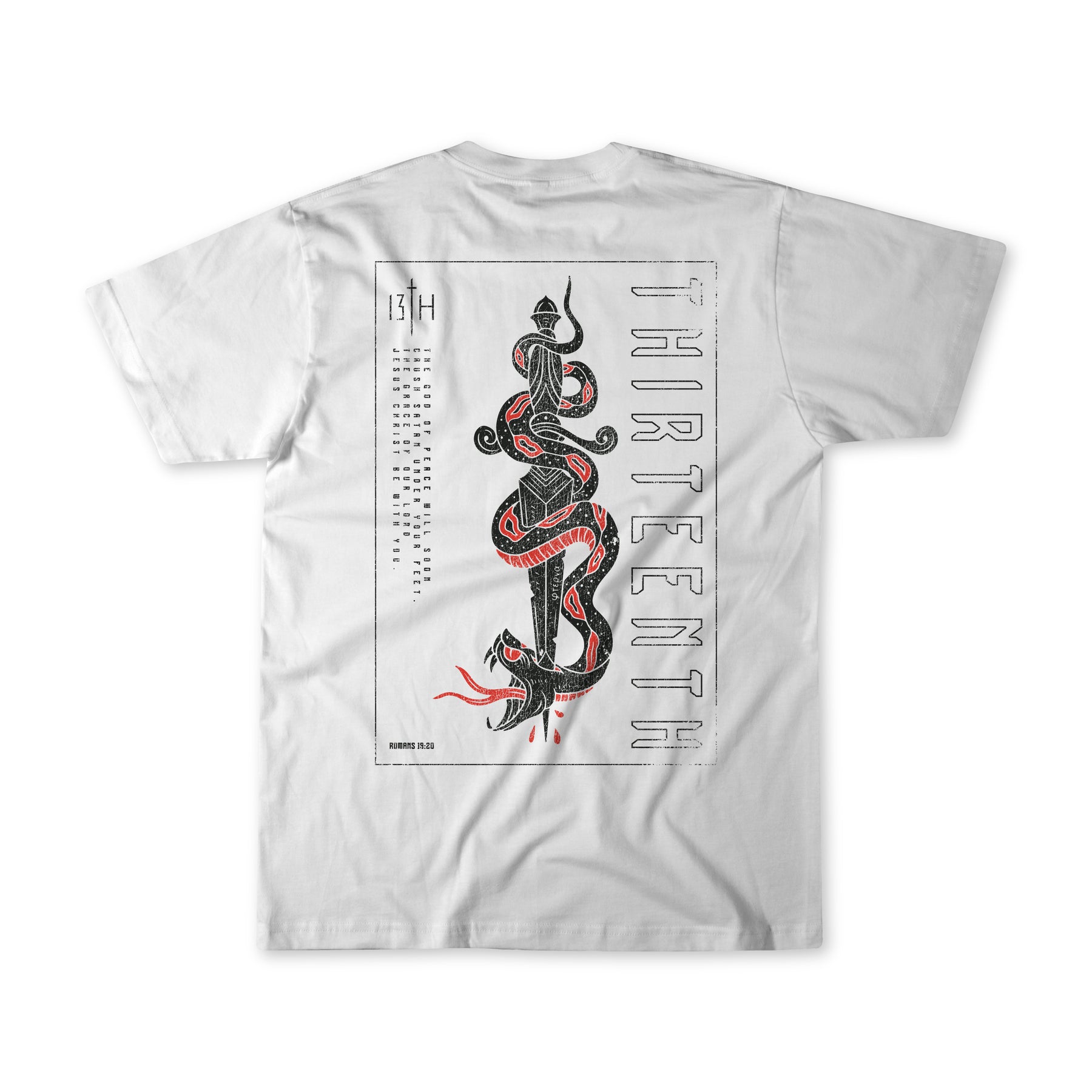 Lucifers Demise Premium Tee by 13th features a white base with a black and red snake design on the back. THIRTEENTH is vertically aligned to the right of the serpent, symbolizing the God of Peace. The left side displays a calendar-style layout with 13TH at the top.