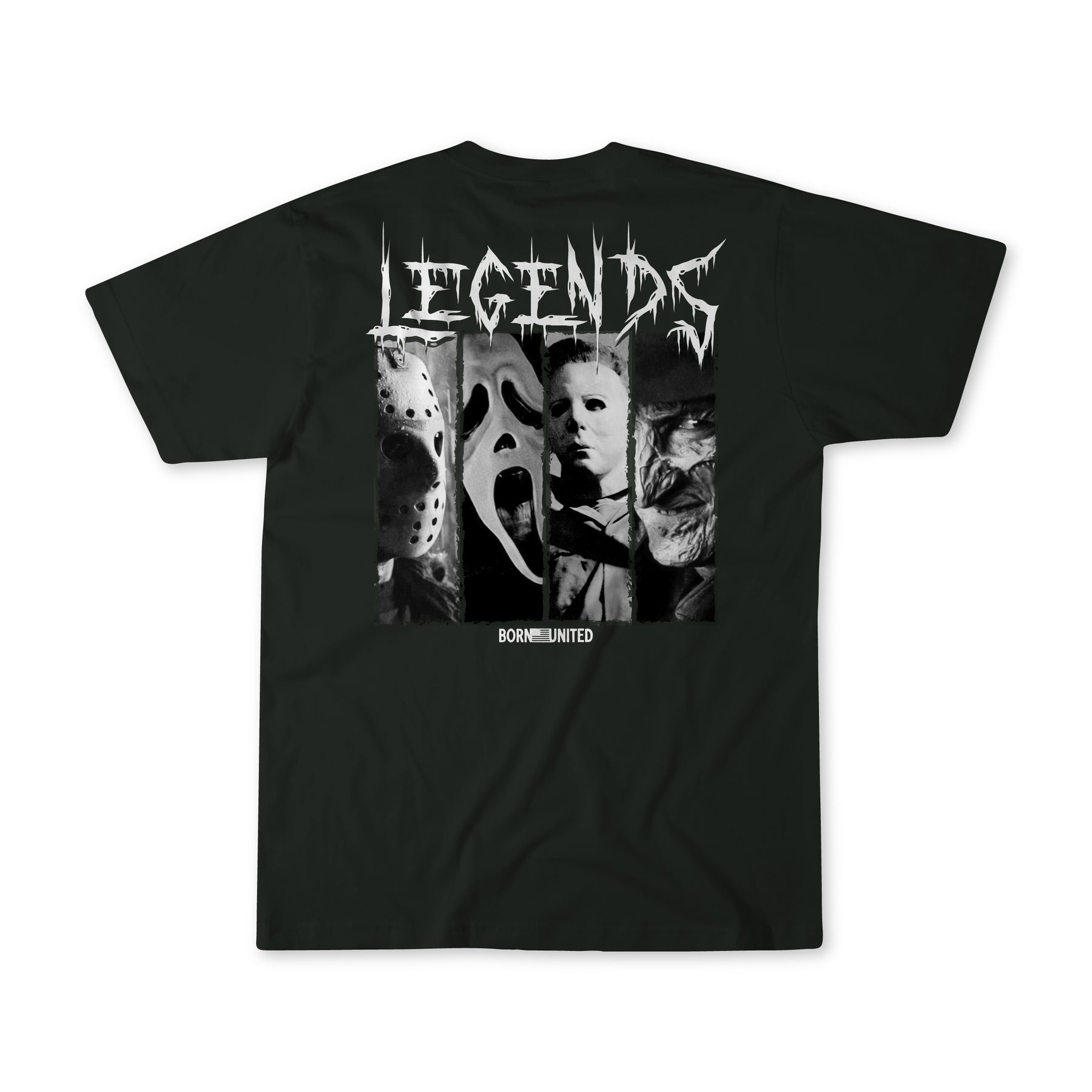 The Legends of Fear black tee by Born United Private Label features four classic horror icons’ masked faces and bold LEGENDS text on the back—a must-have limited edition shirt for devoted fans.