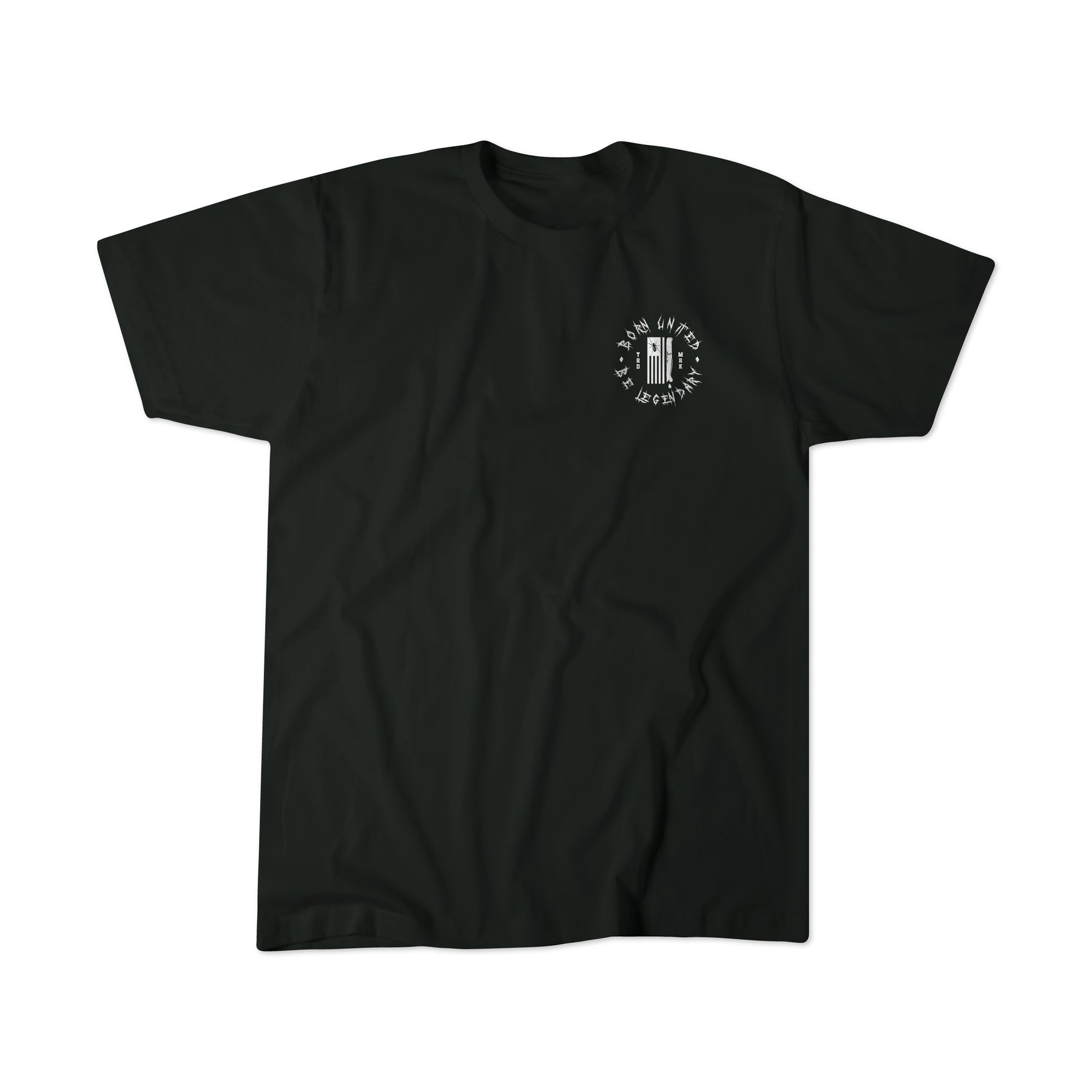 The Legends of Fear tee by Born United Private Label is a black short-sleeve shirt with a small white graphic of a door and AS LONG AS I CAN REMEMBER on the left chest—a limited edition perfect for Halloween horror fans.