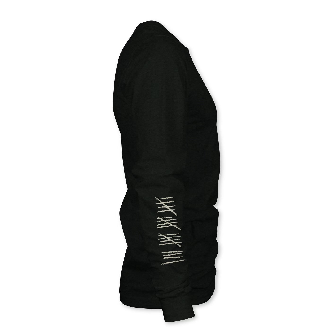 Side profile of the black Savage Operations - Long Sleeve by Born United Private Label, featuring a bold white tally mark design on the sleeve, embodying the fierce essence of Keep it Savage, on a neutral background for striking contrast.