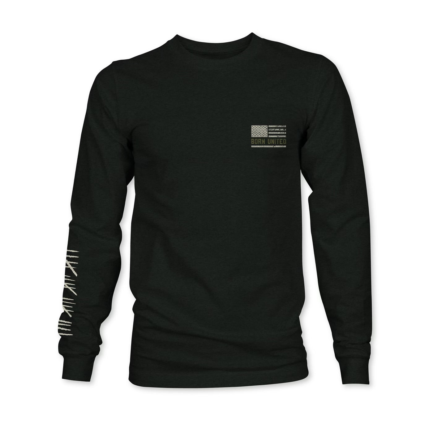 The Savage Operations long sleeve by Born United Private Label is dark green with a small American flag and Born United text on the chest. White diagonal lines on the sleeves add bold style.