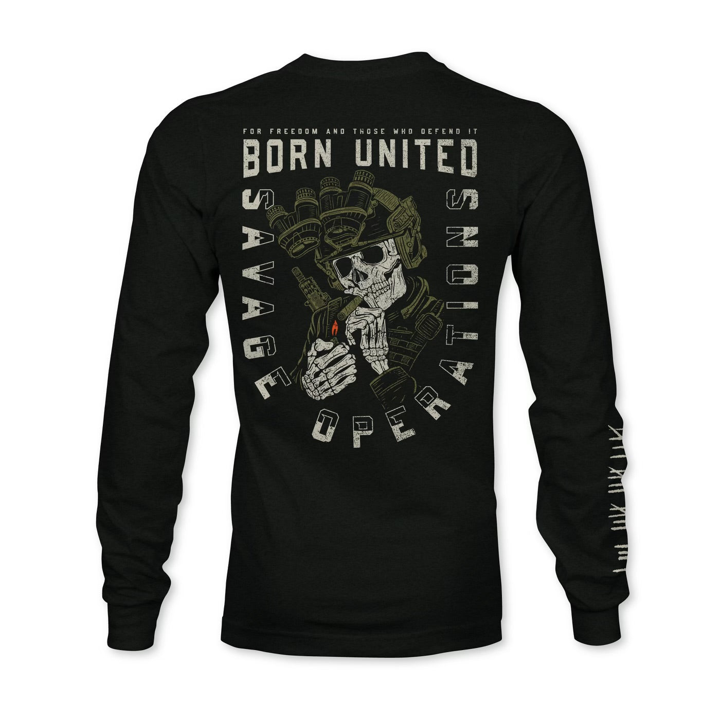 The Savage Operations Long Sleeve by Born United Private Label features a black design with a skeleton in tactical gear holding a red object and the text Born United Savage Operations and Keep it Savage, plus additional sleeve text.