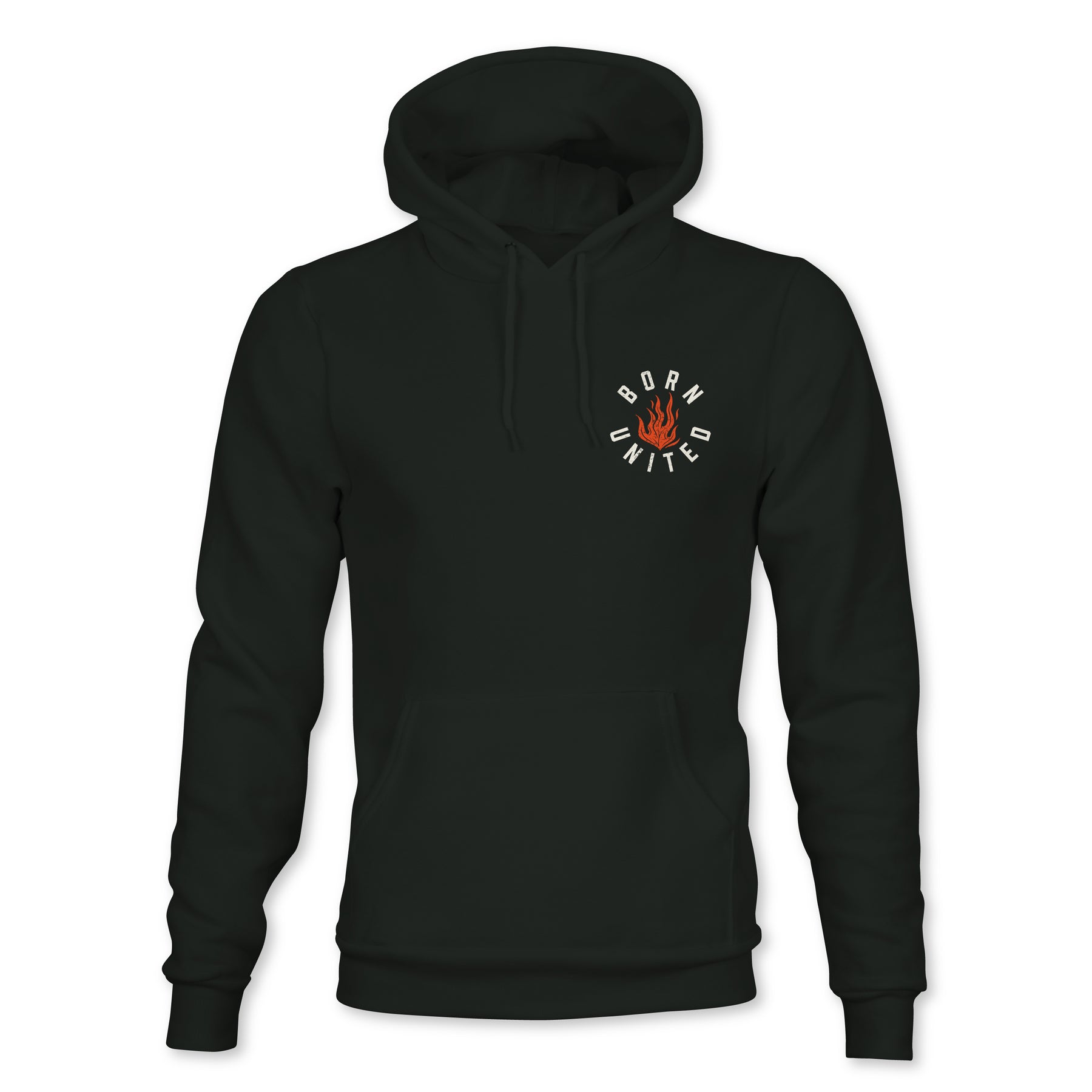 The Burning Bridges Hoodie by Born United Private Label is black with a red and white logo on the upper left chest. The logo displays a stylized red flame encircled by BORN UNITED, and features a front pocket and drawstring hood.