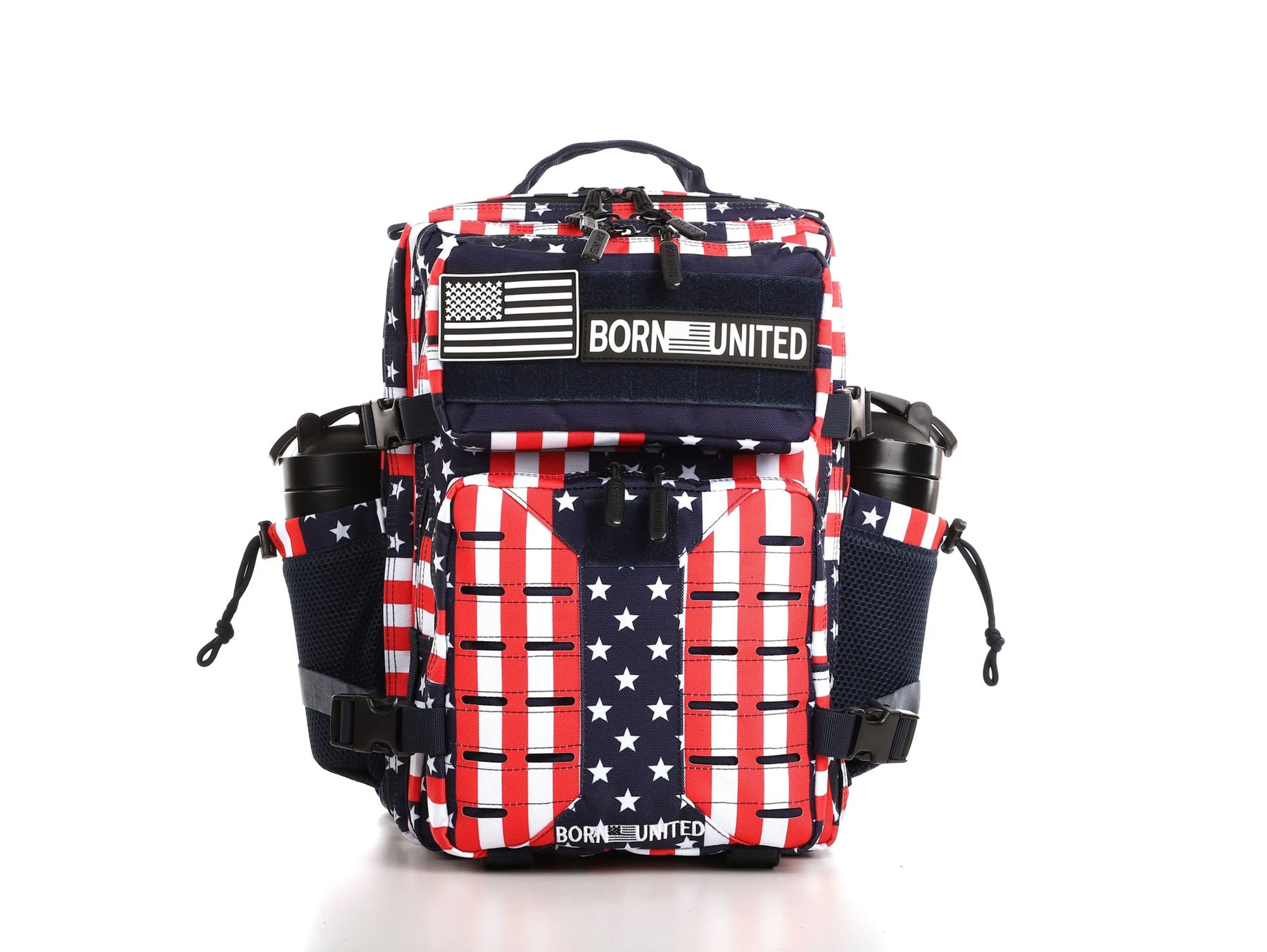 The Ultimate Patriot Special Edition Tac-Pac - 25L from Born United Private Label showcases a bold American flag design with stars and stripes. It features a top flap with patches including Born United. Equipped with side pockets and black straps, it stands out against a plain white background.