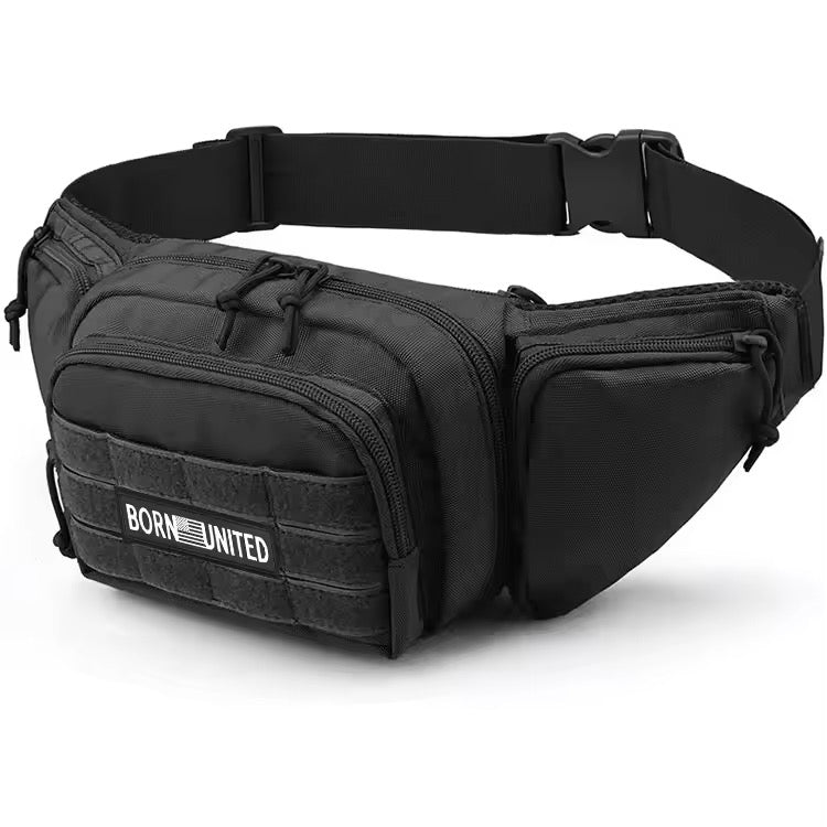 The Midnight Black Tac-Fanny-Pac from Born United Private Label is a tactical fanny pack featuring multiple zippered compartments, the BORN UNITED text, and an American flag on the front pocket. It includes an adjustable strap with a sturdy plastic buckle.