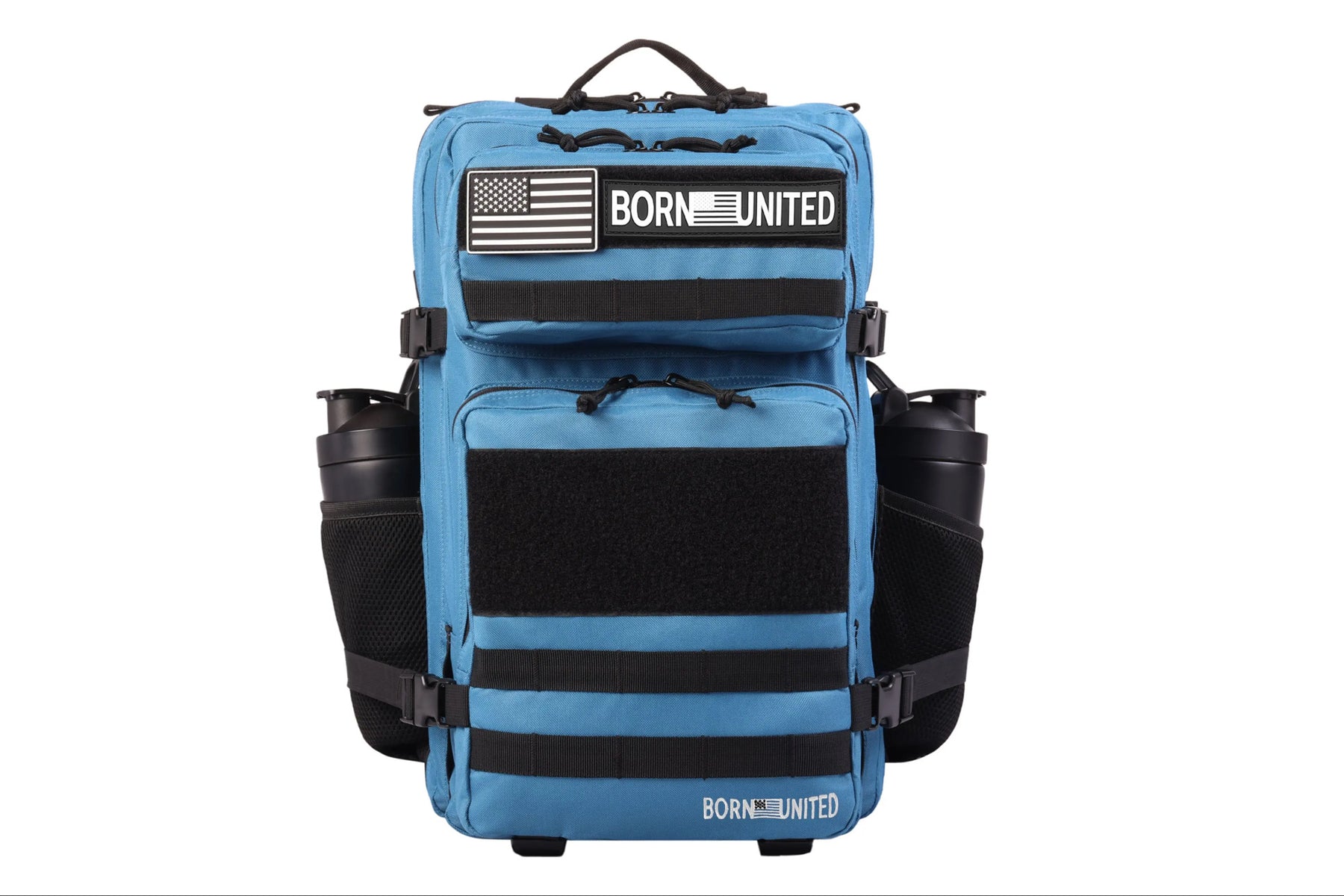 The Peacock Blue Tac-Pac - 45L by Born United Private Label is a tactical backpack with multiple compartments, an American flag patch, a Born United label, and side mesh pockets that hold black water bottles.