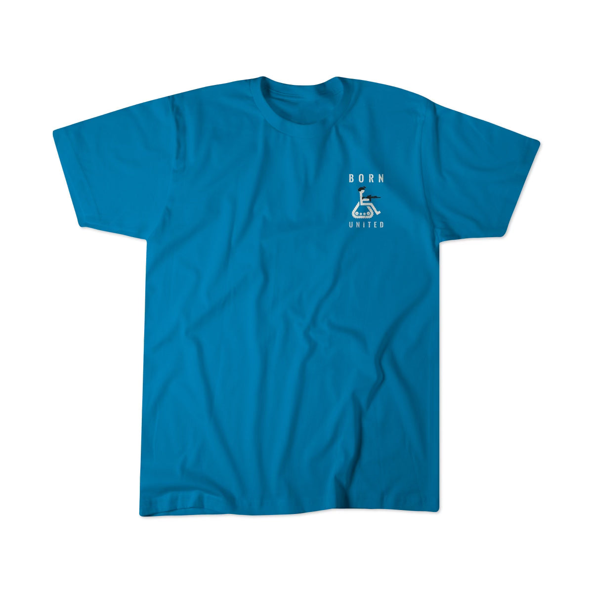 The Disabled Vet - Blue from Born United Private Label is a blue T-shirt with a wheelchair graphic and BORN UNIFIED in white on the upper left chest, ideal for showing solidarity even on tough days.