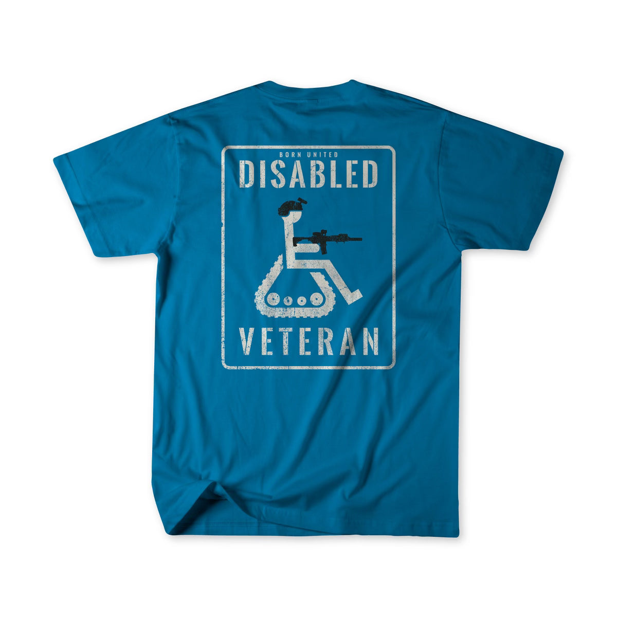 The Disabled Vet - Blue T-shirt by Born United Private Label features a back graphic of an armed, disgruntled person in a wheelchair resembling a tank, with the text Disabled Veteran above and below.
