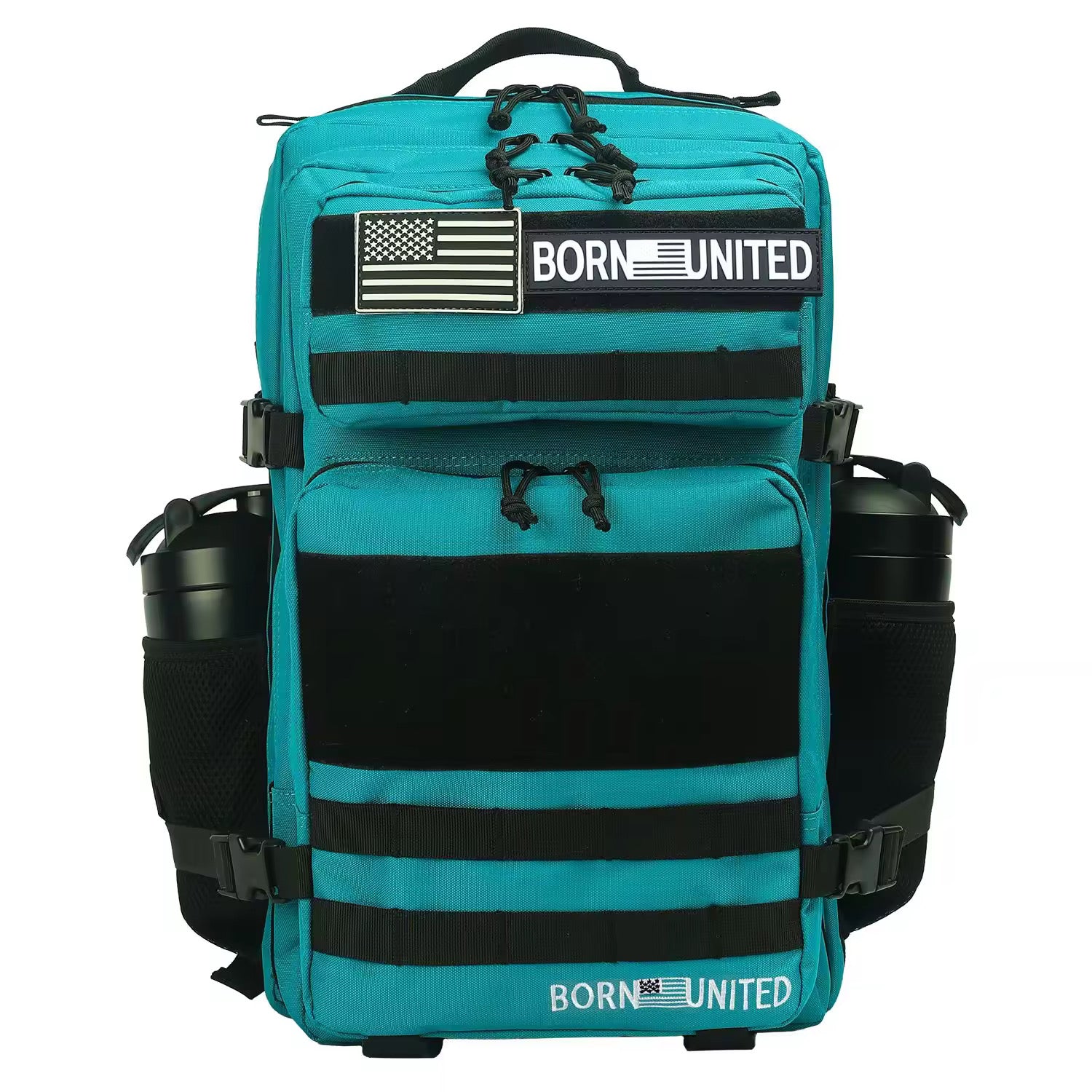 The Electric Blue Premium Tac-Pac - 45L by Born United Private Label features a black and white American flag patch with BORN UNITED text, multiple compartments, black straps, side pockets, and black water bottles.