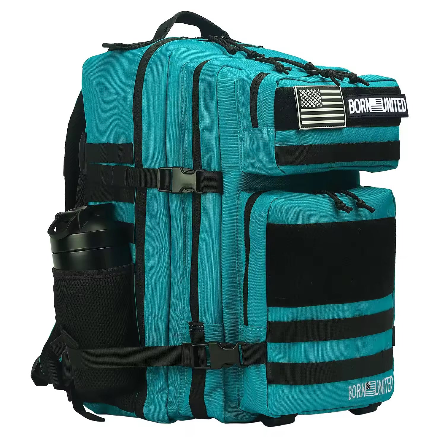 The Electric Blue Premium Tac-Pac - 45L by Born United Private Label is a teal tactical backpack with multiple compartments, featuring black straps, buckle closures, side pocket with a black water bottle, and top patches including an American flag and BORN UNITED label.