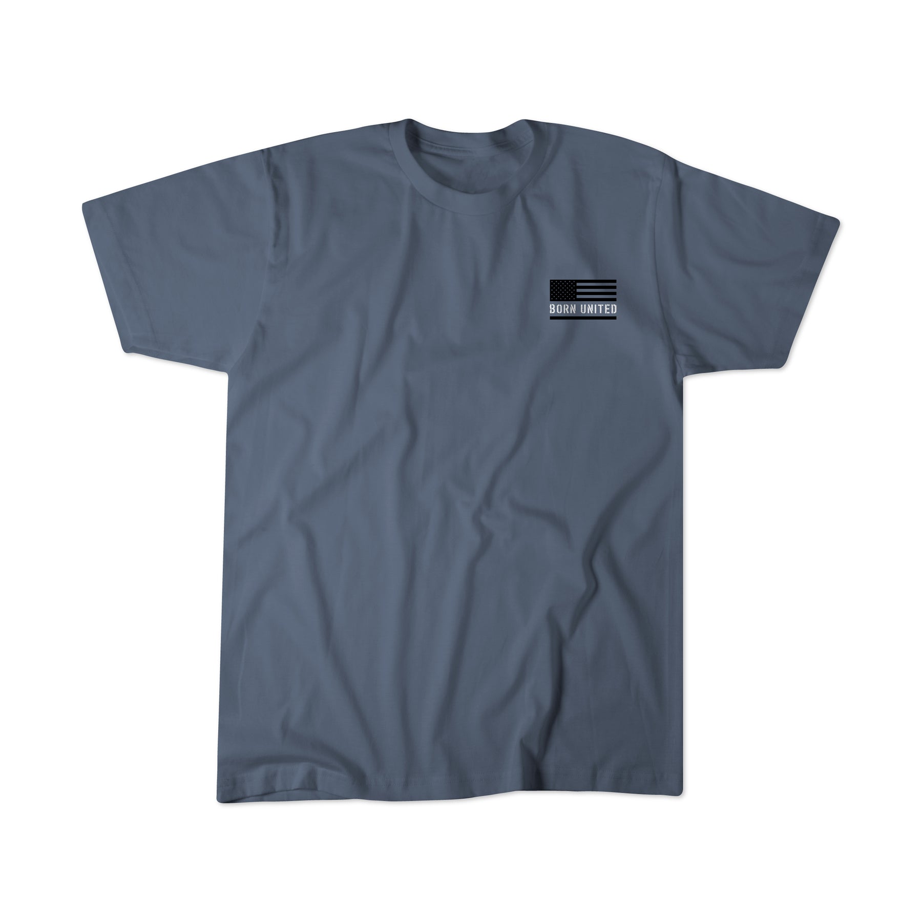 Blue Saints And Sinners tee by Born United Private Label, adorned with a small black and white American flag and the words BORN UNITED in the top left corner—ideal for those embracing both saintly and sinful sides.