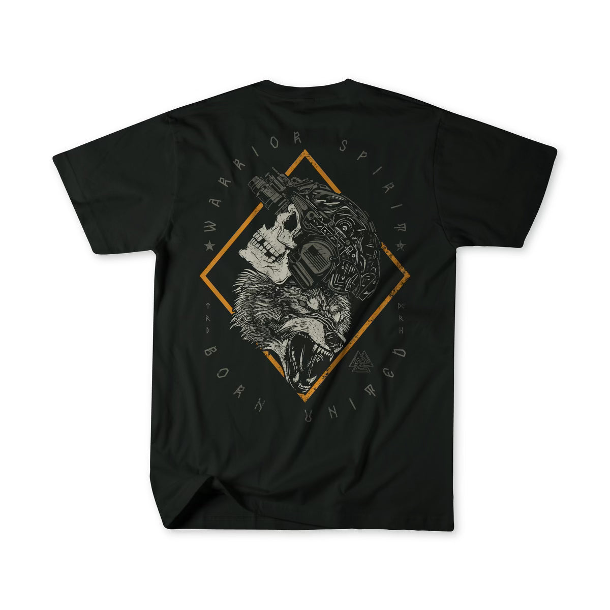 A Warrior Spirit black t-shirt from Born United Private Label features a detailed skull and wolf design inside a diamond with an orange outline, emblazoned with Warrior Spirit and Born Wild, celebrating the resilient spirit of First Responders.