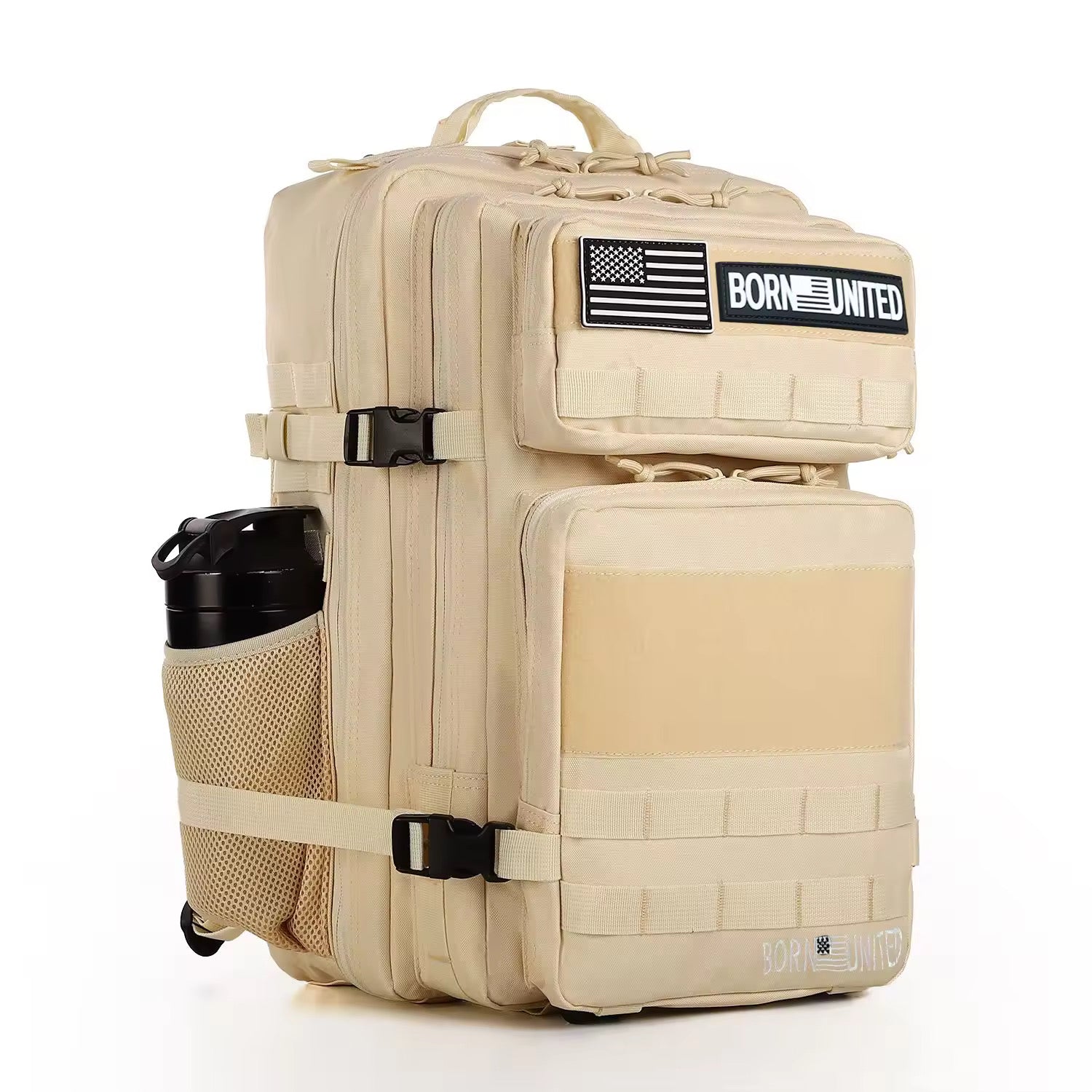 The Vanilla Ice Premium Tac-Pac 45L backpack from Born United Private Label features multiple pockets and straps, BORN UNITED text, an American flag patch, and mystery patches. It includes a mesh side pocket that securely holds a black water bottle.