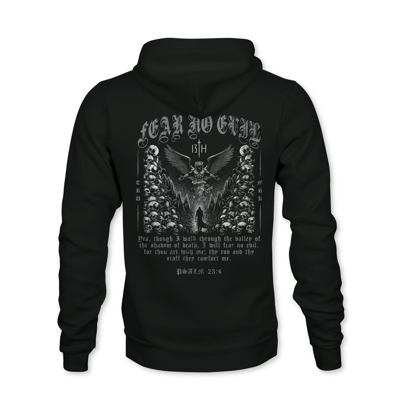 The 13th Fear No Evil Premium Hoodie features a gothic angel and skull graphic on the back with FEAR NO EVIL and PSALM 23:4, surrounded by ornate, dark-themed details.