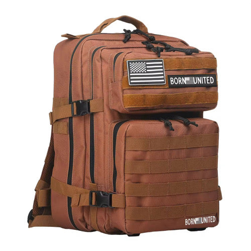 The Chocolate Tac-Pac - 25L by Born United Private Label is a brown tactical backpack with multiple compartments, MOLLE webbing, adjustable straps, and patches featuring an American flag and Born United.