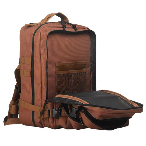 The Chocolate Tac-Pac - 25L by Born United Private Label is a brown backpack with multiple compartments and pockets, shown with the front pocket unzipped. It features padded shoulder straps and a convenient top handle.