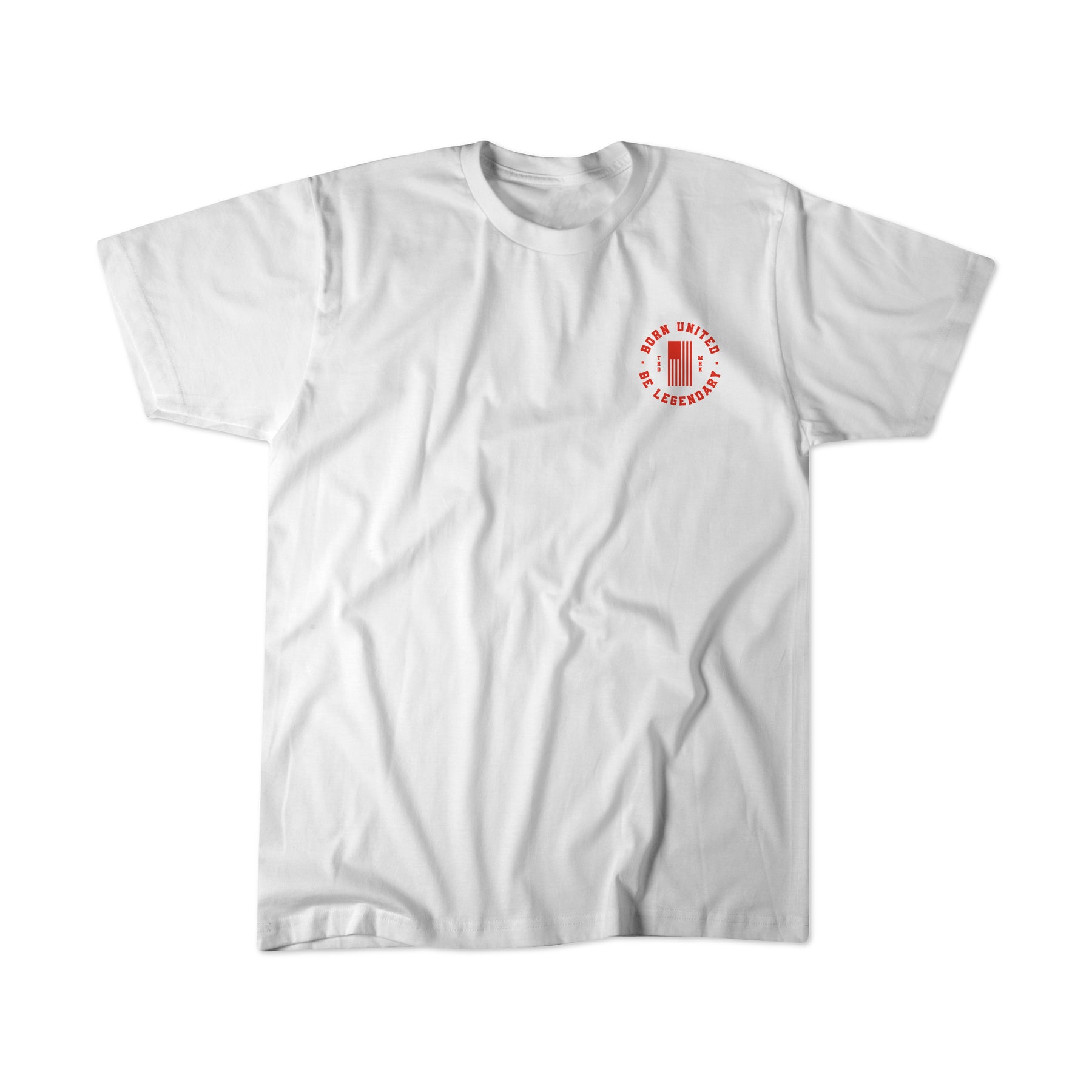 The Legend - DeSantis by Born United Private Label is a white T-shirt featuring a small red circular logo with text and a pillar graphic on the left chest, crafted from soft fabric with slight wrinkles.