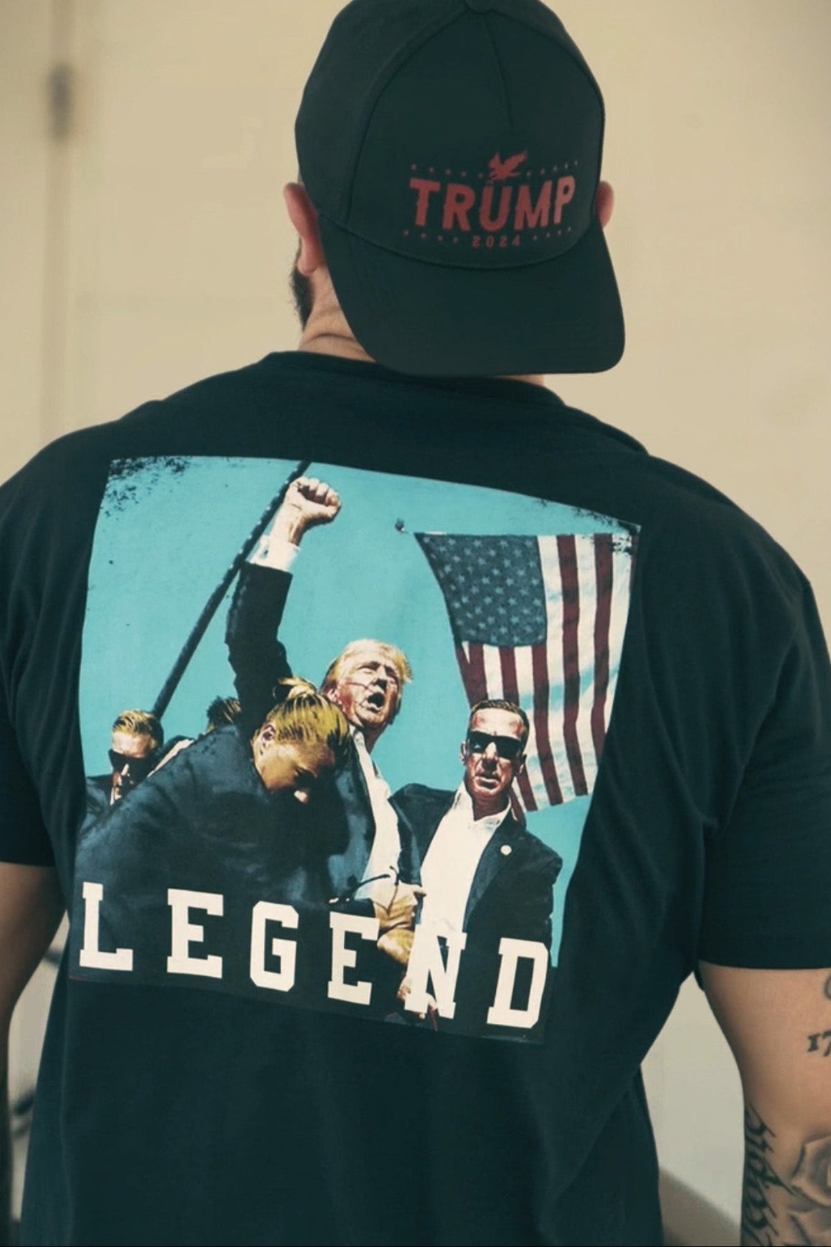 born united - forever legend black trump tee on model