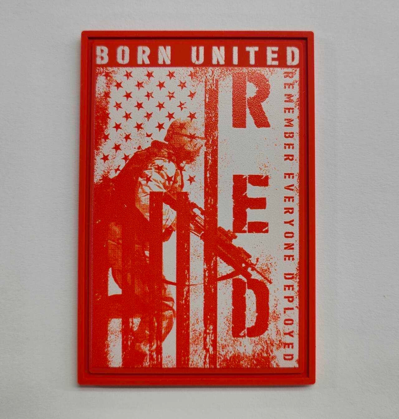 The R.E.D. Friday PVC Patch by Born United Private Label is a red patch displaying a soldier silhouette with a rifle, the American flag, BORN UNITED at the top, and REMEMBER EVERYONE DEPLOYED down the side plus vertical RED, symbolizing military support for RED Fridays.