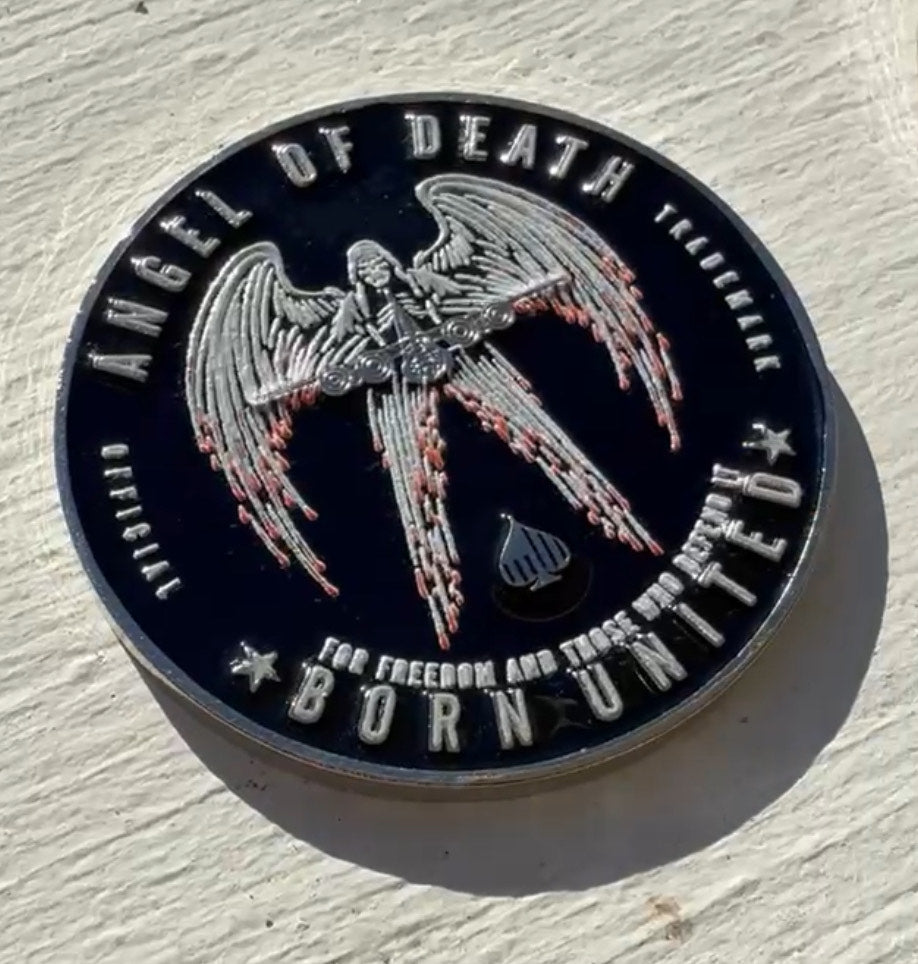 The Angel Of Death Challenge Coin by Born United Private Label features a winged angel with a raised sword and the inscriptions Angel of Death and For freedom and those who fly, set against a sunlit backdrop, exuding power and elegance.