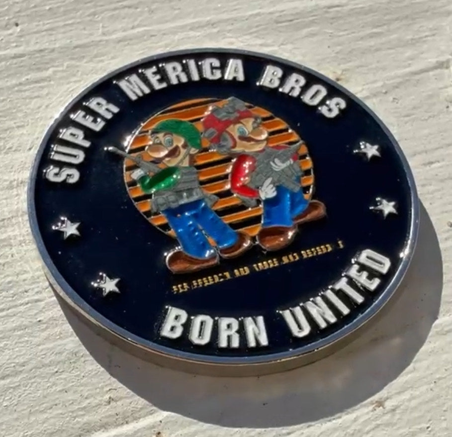 The Super Merica Bros Challenge Coin by Born United Private Label features two cartoon soldiers, with SUPER MERICA BROS on top and BORN UNITED at the bottom, surrounded by stars.
