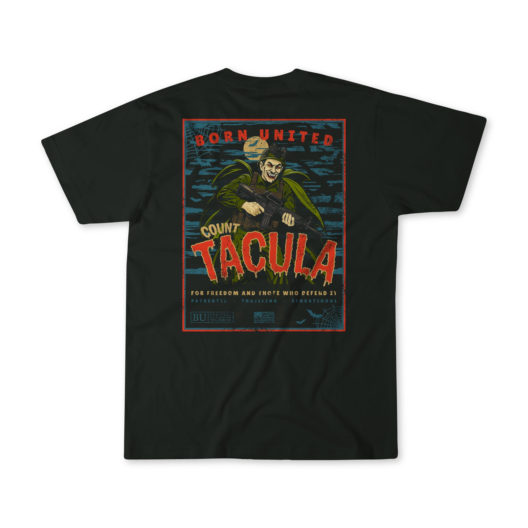 The Born United Private Label Count Tacula tee is a black, limited edition Halloween shirt with a comic book-style vampire graphic and tactical-inspired flair.