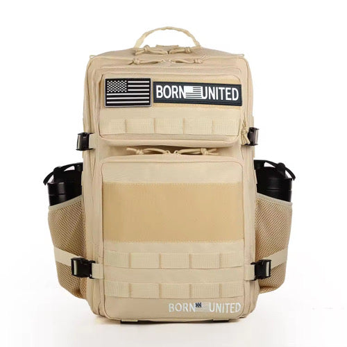 The Vanilla Ice Premium Tac-Pac 45L by Born United Private Label is a tan tactical backpack featuring multiple compartments, mesh side pockets for water bottles, and front mystery patches such as a black and white American flag and BORN UNITED text, combining ruggedness with patriotic style.
