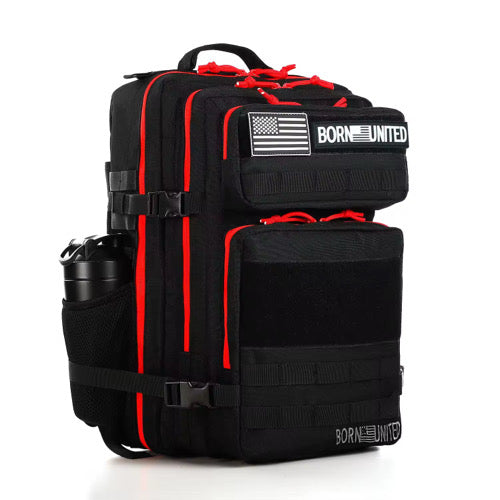 The Black Widow Premium Tac-Pac 45L from Born United Private Label features a sleek black design with red trim, multiple compartments, and the Born United patch adorned with an American flag. A side mesh pocket holds a water bottle perfectly.