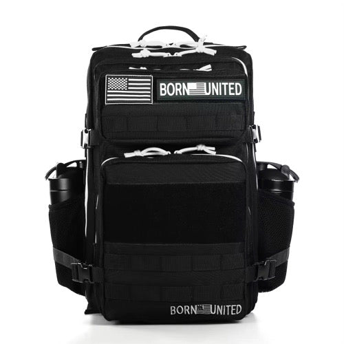 The Apex Premium Tac-Pac 45L from Born United Private Label is a black tactical backpack featuring a top handle, numerous compartments, side pockets with water bottles, and American flag and Born United patches. It includes multiple zippers and straps for versatility.