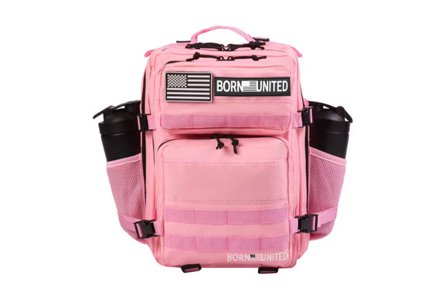 The Pink Mist Premium Tac-Pac - 25L by Born United Private Label combines elegance and functionality, boasting multiple compartments, side pockets with black water bottles, black zippers, and an American flag patch with BORN UNITED, creating a stylish tactical backpack.