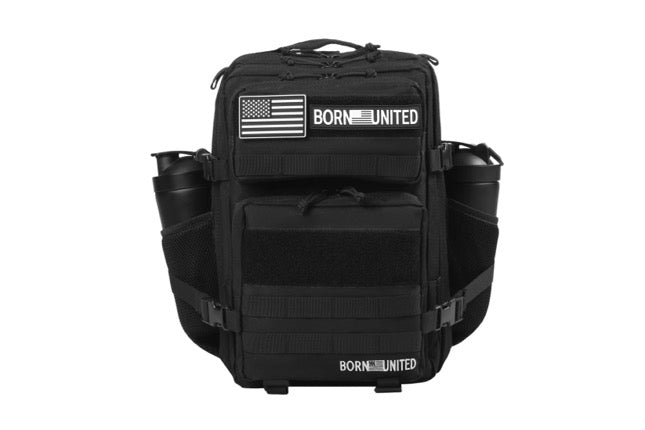 The Midnight Black Premium Tac-Pac - 25L by Born United Private Label features a U.S. flag patch, BORN UNITED label on the front, multiple compartments, side water bottle holders, and a rugged design.