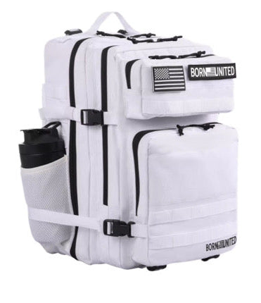 The Storm Trooper White Premium Tac-Pac 45L by Born United Private Label boasts a tactical design with bold black accents, multiple compartments, and zippers. It includes an American flag and a Born United patch, plus a mesh side pocket for your water bottle to fit securely.