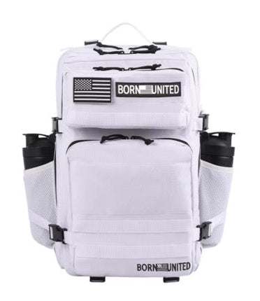 The Storm Trooper White Premium Tac-Pac 45L by Born United Private Label is a white backpack with multiple compartments, black zippers, and two side pockets for water bottles. It has a black patch featuring BORN UNITED and an American flag, echoing a Storm Troopers sleek look.