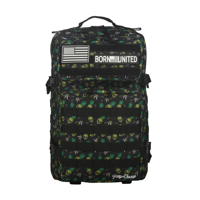 Introducing Tango Charlie Apparels TCA Tac-Pac Tropic Thunder 2.0: a 45L waterproof backpack featuring skull and green camouflage, tactical versatility with numerous straps and patches like an American flag and BORN UNITED” text, plus a sturdy black handle for easy carrying.