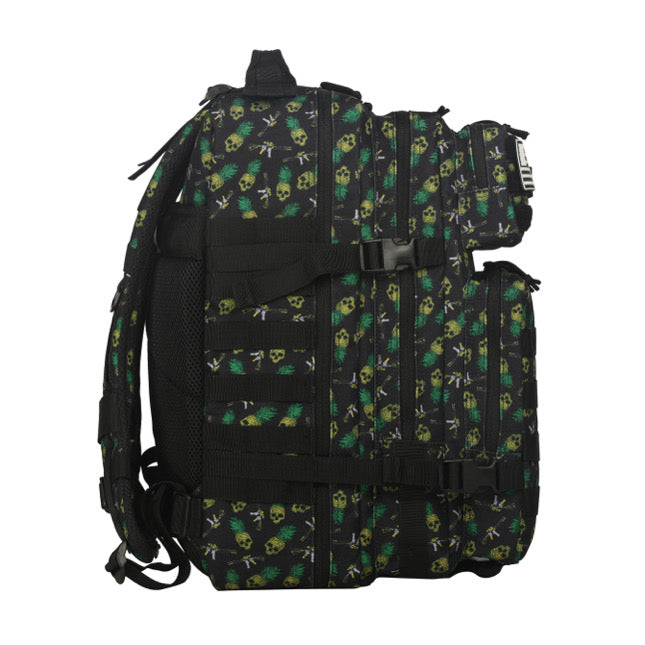 A side view of the black TCA Tac-Pac - Tropic Thunder 2.0 by Tango Charlie Apparel shows a green skull and crossbones pattern. This 45L waterproof backpack offers tactical versatility with numerous straps and buckles for optimal adjustment and storage.