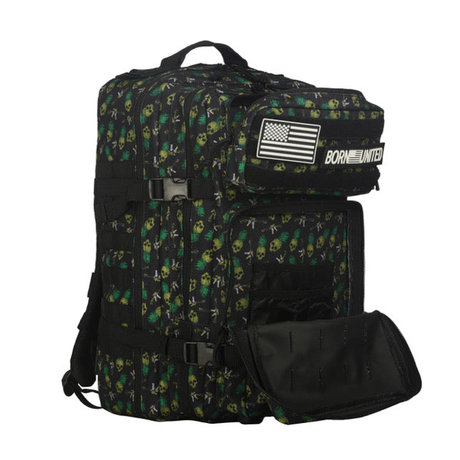 The TCA Tac-Pac by Tango Charlie Apparel is a black 45L backpack adorned with green skulls. It includes an American flag patch, BORN UNITED, and offers waterproof tactical versatility with an open front pocket revealing a sleek black interior.