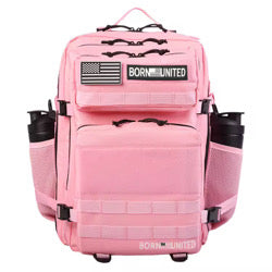 The Pink Mist Premium Tac-Pac - 45L from Born United Private Label includes a Born United patch, an American flag patch, multiple zippered compartments, mesh side pockets with black water bottles, and a sturdy top handle for easy carrying.