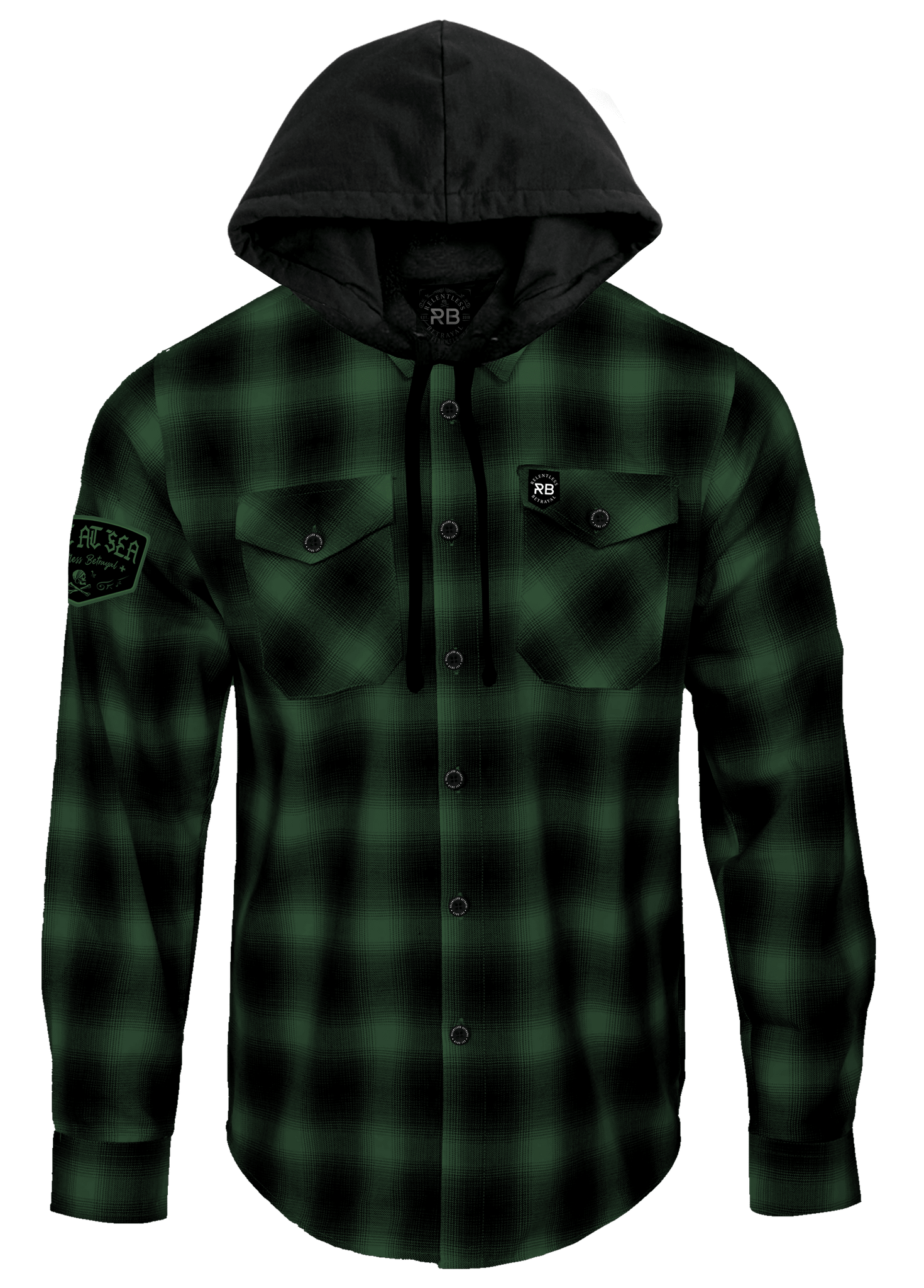 Introducing the Relentless Betrayal Lost At Sea Premium Hooded Flannel: this ultra-soft unisex flannel comes in green and black plaid, featuring buttoned chest pockets, cuffs, a front closure, sleeve patches, and a small logo on one pocket—perfect for any adventure.