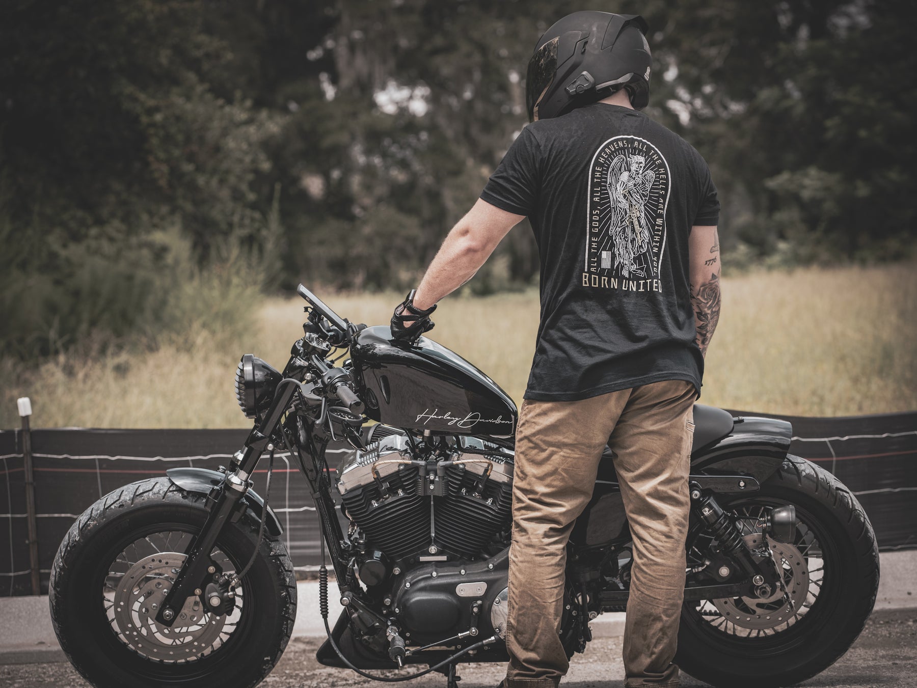 born united - heavens and hell tee on model