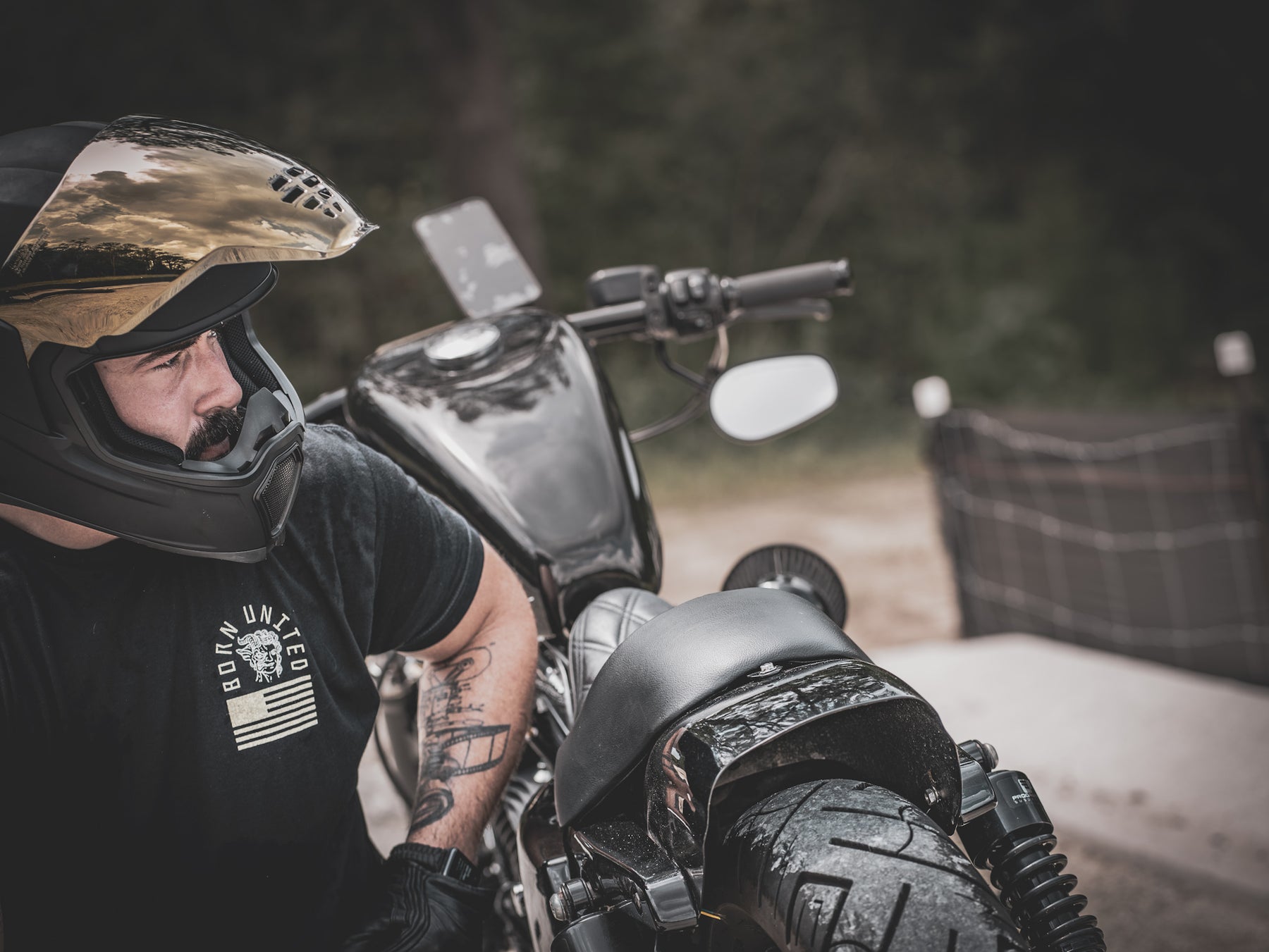 born united - heavens and hell black tee shirt on model