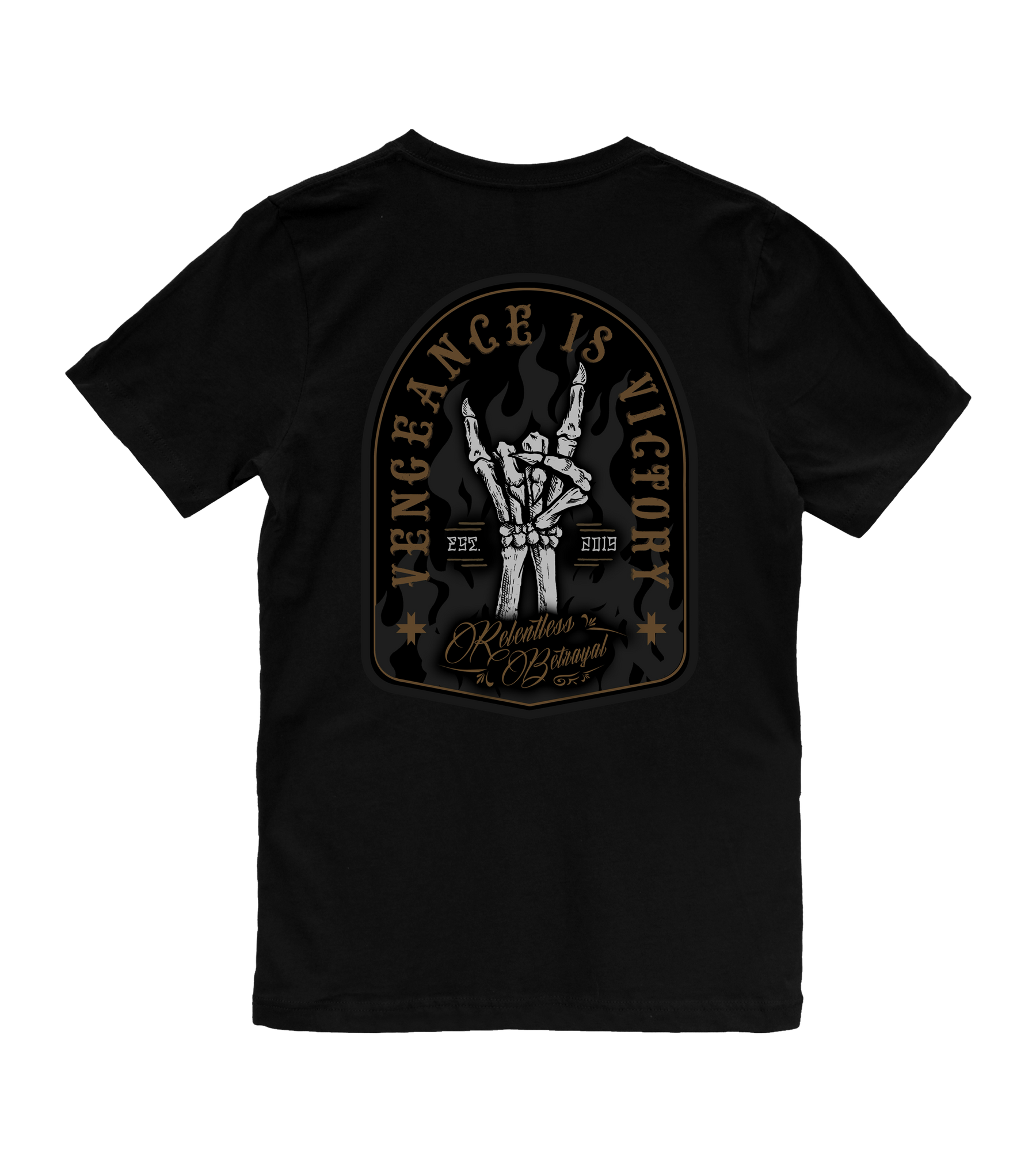 The Vengeance Tee from Relentless Betrayal features a skeleton hand gripping cards against a fiery background, symbolizing resilience and determination. Adorned with stars, it embodies the spirit of overcoming obstacles in style.