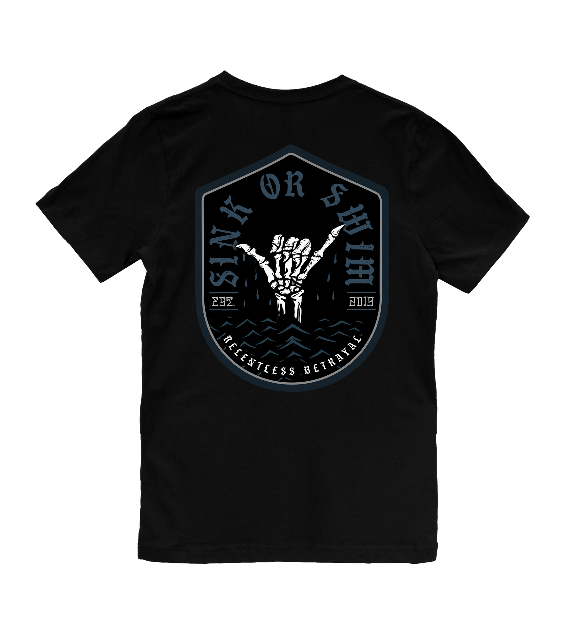 The Youth Sink or Swim Tee by Relentless Betrayal is a black t-shirt with a large shield graphic on the back, featuring a skeletal hand rising from water and the text Sink or Swim, Fearless Betrayal, plus the years 1979 and 2013.