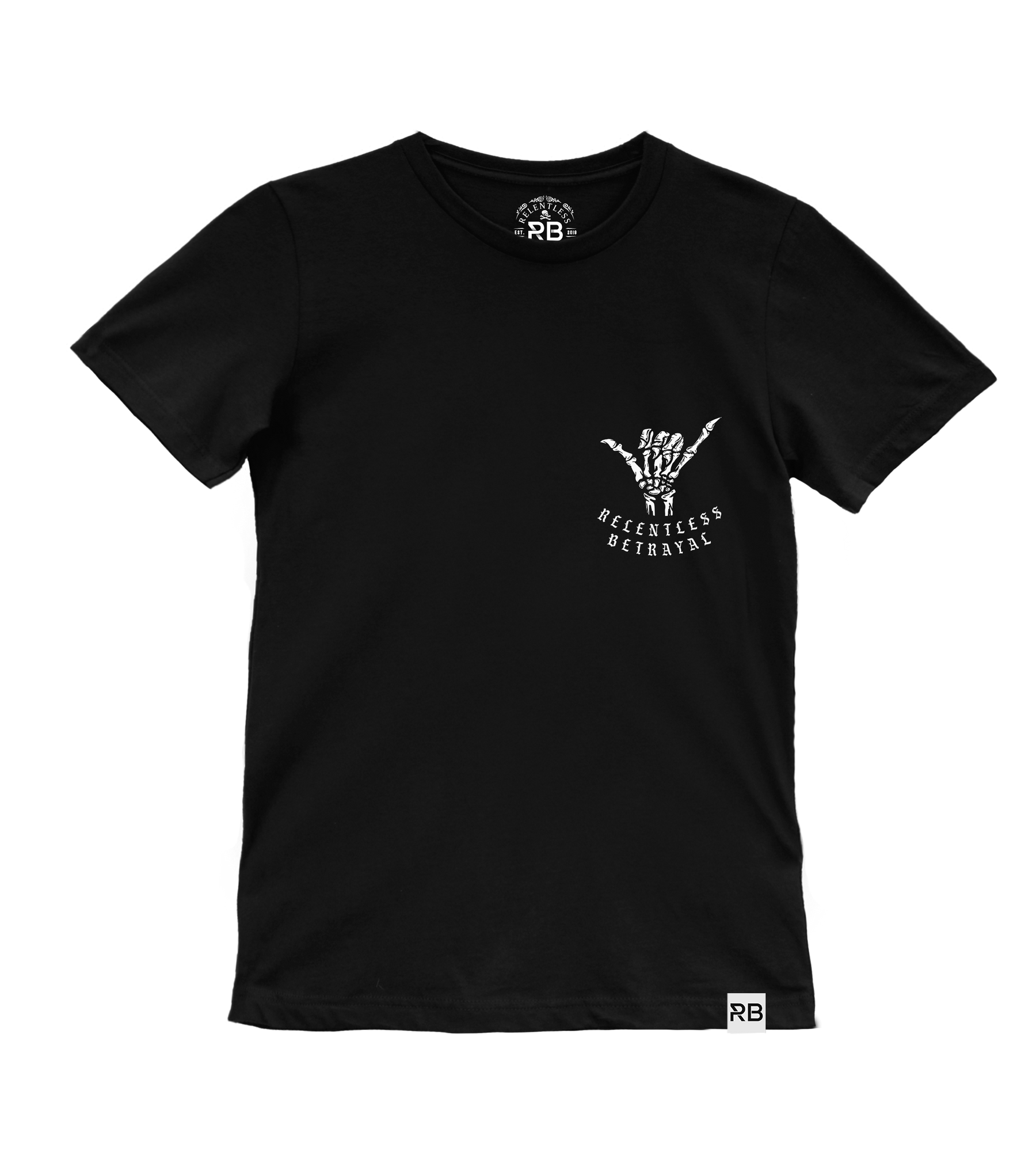 The Youth Sink or Swim Tee by Relentless Betrayal is a black t-shirt with a skeletal hand shaka sign and THE RECKLESS BETRAYAL printed below the graphic on the front left chest.